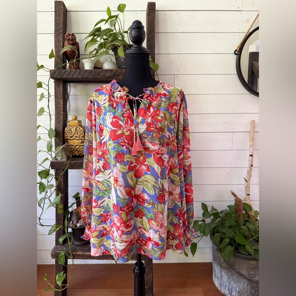 Belle by Kim Gravel: Vibrant Floral Blouse with Tassel Detail - Picture 14 of 17